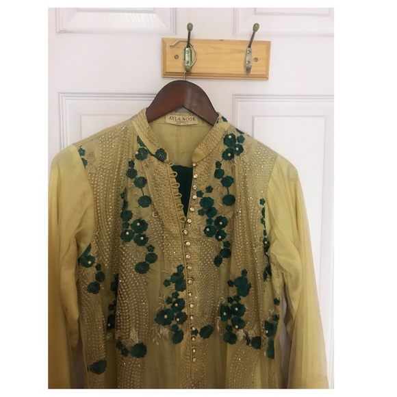 3 pc Pakistani India Tan Aqua Chiffon Bead Outfit - Picture 2 of 7